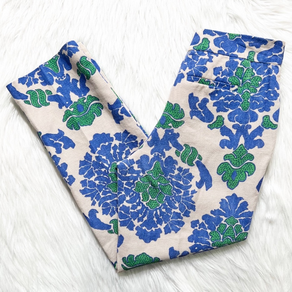 SOLD-Boden Blue & Green Damask Printed Cream Cropped Linen Pants - Picture 6 of 9